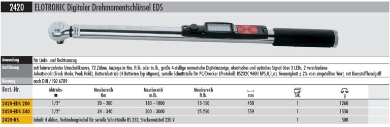 Elotronic Digitaler Drehmomentschlüssel  EDS Messbereich  20 - 200 Nm