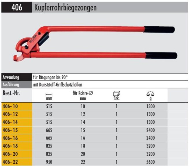 Kupferrohrbiegezange    406 - 22  für Biegungen bis 90 °