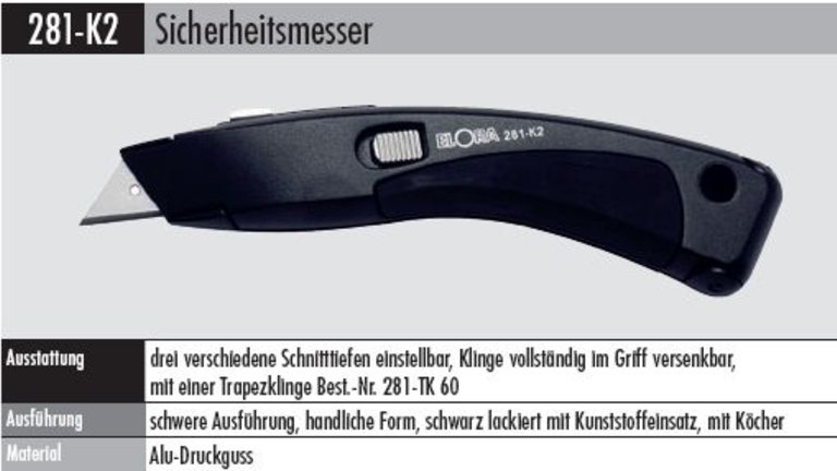 Sicherheitsmesser Gesamtlänge 190 mm verstellbare Klinge