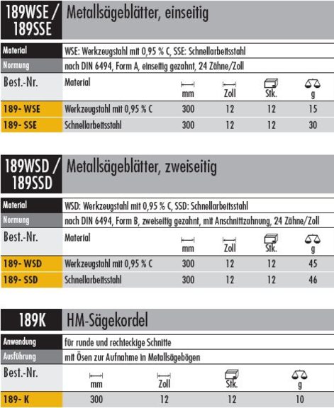 Sägeblatt Metall einseitig  300 mm aus Werkzeugstahl