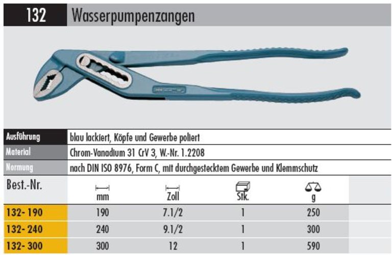 Wasserpumpenzange 132- 190    mm durchgestecktes Gewerbe