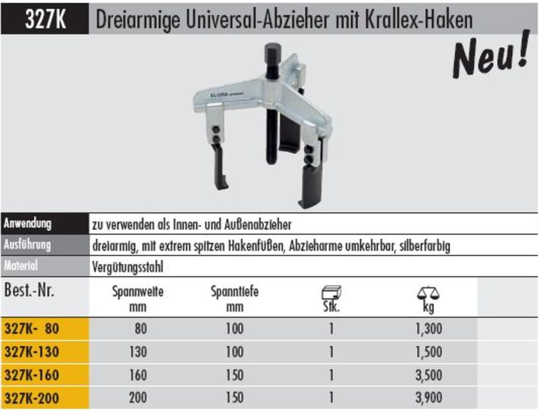 Dreiarmige Universal-Abzieher mit Krallex-Haken Spannweite 200 mm