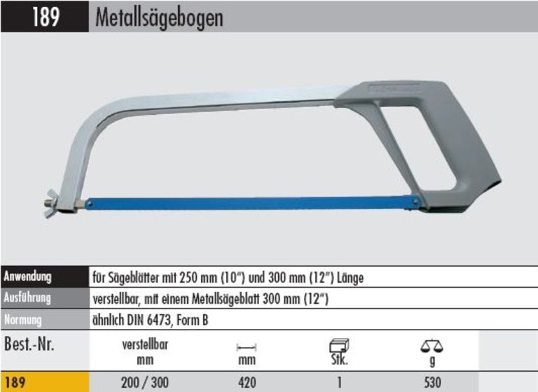 Metallsäge  mit Blatt verstellbar 250 und 300 mm Blätter