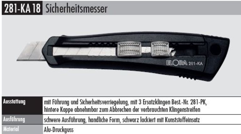 Sicherheitsmesser Gesamtlänge 180 mm für Abbrechklingen