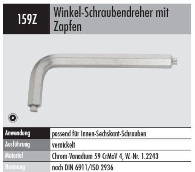 Winkelschraubendreher m. Zapfen 159Z-27  mm für Innen-Sechskant-Schrauben