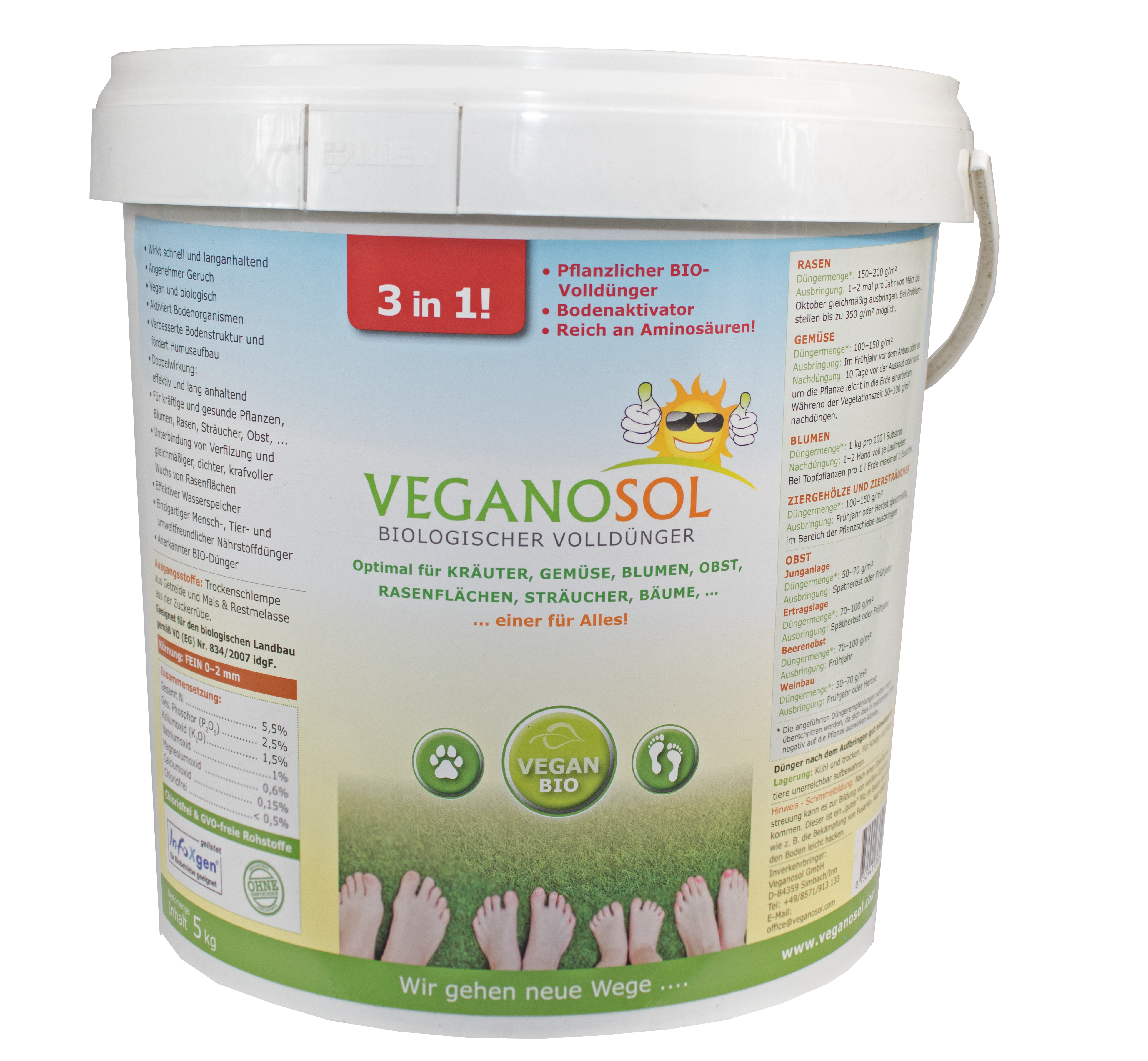 Veganosol organischer Volldünger und  Bodenaktivator 0,2mm, Eimer 5 kg