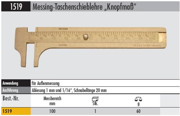 Knopfmaß 1519        Messing-Taschenschieblehre