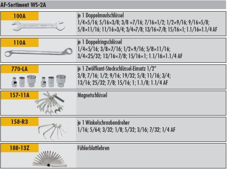 Werkzeugsortiment - WS-2A  99-teiliges  zöllige Werkzeuge AF