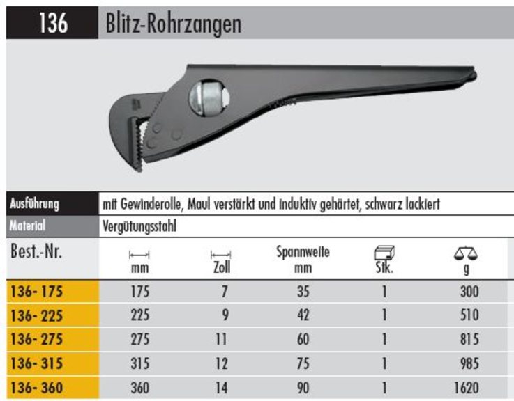 Blitzrohrzange 136 - 225   mm Spannweite 42 mm