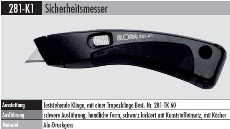 Sicherheitsmesser Gesamtlänge 170 mm feststehende Klinge