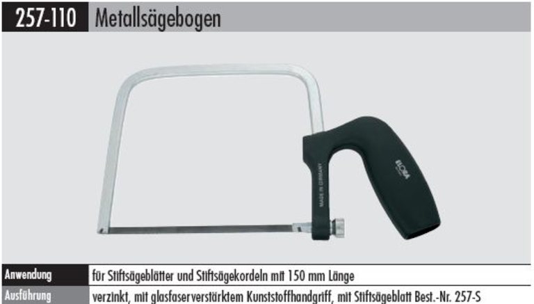 Metallsägebogen   257-110   große Ausladung für Stiftsägeblätter 150 mm