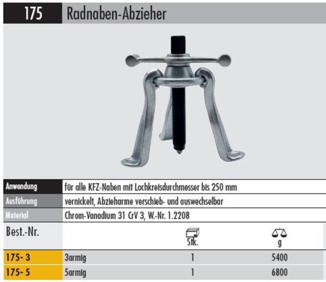 Radabzieher 5 armig 175-5  für alle KFZ-Naben