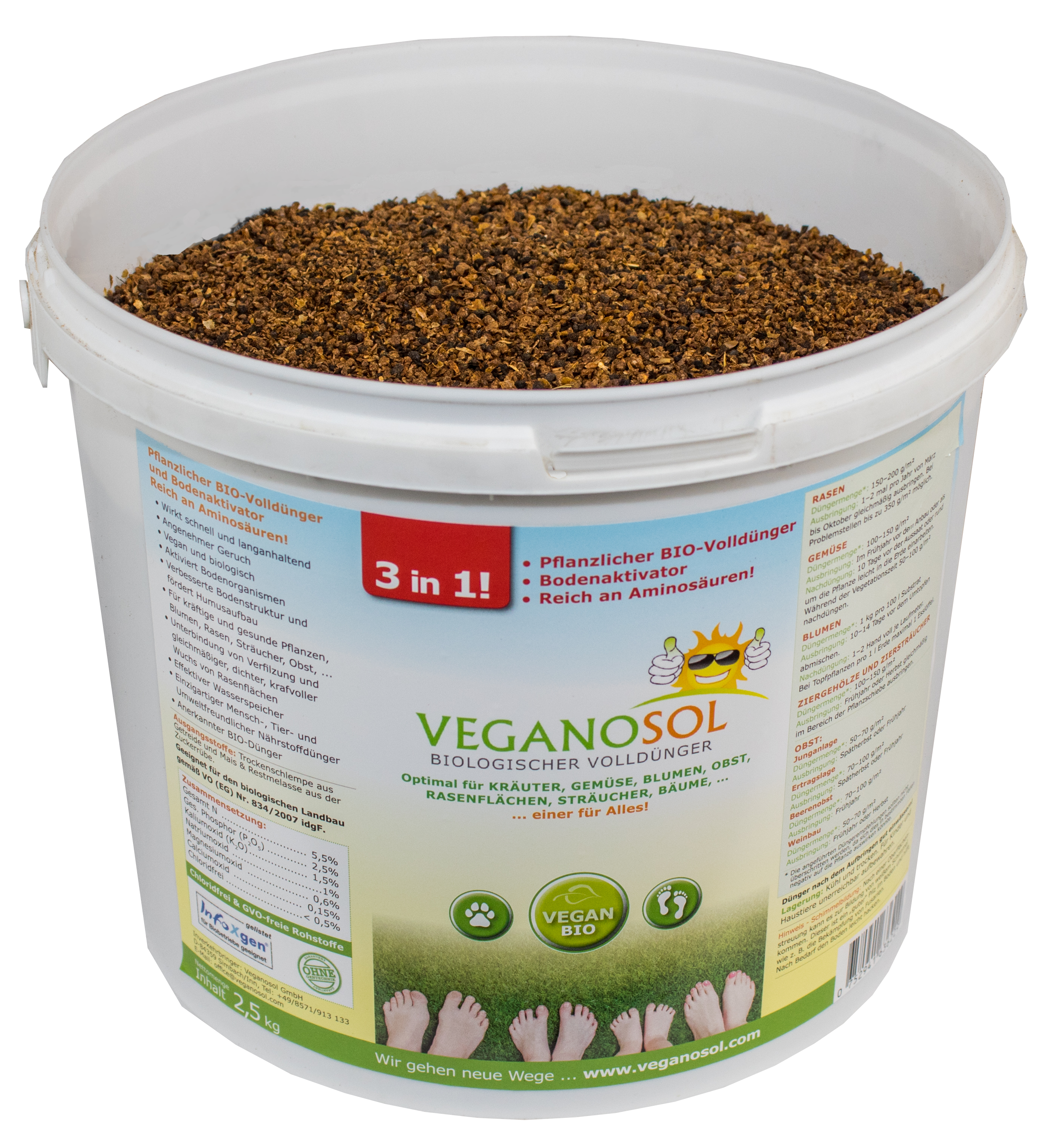 Veganosol organischer Volldünger und  Bodenaktivator 0,2mm, Eimer 2,5kg