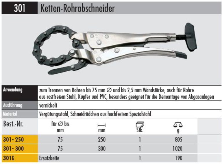 Kettenrohrabschneider  301 - 250 mm Kettenlänge bis 75 mm Durchmesser