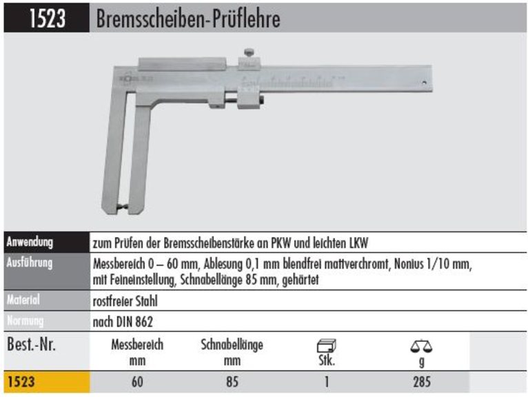 Bremsscheibenprüflehre 1523  Messbereich bis 60 mm