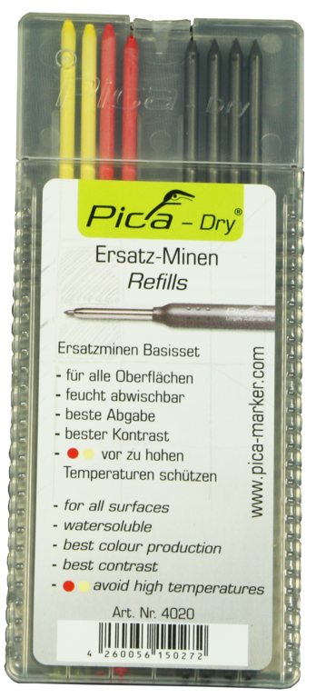 Pica Dry Ersatzminen Etui Basis-Set, wasserlöslich 4x graphit, 2x rot und 2x gelb