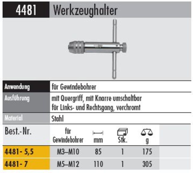 Werkzeughalter  4481- 7,0    mit Knarre für Gewindebohrer M5 - M12