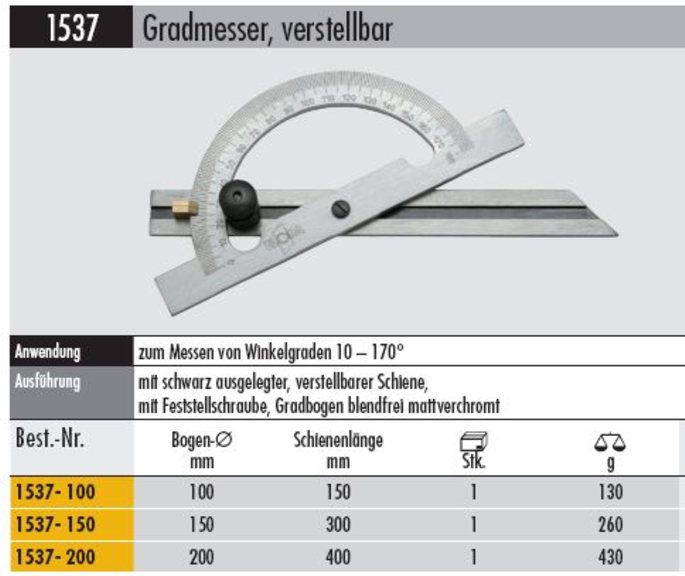 Gradmesser verstellbar 1537 -150    zum Messen von 0 - 170 °