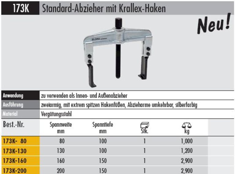 Standard-Abzieher mit Krallex-Haken Spannweite 160 mm