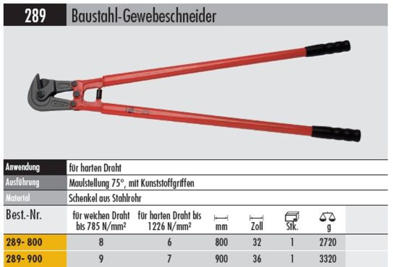 Baustahl-Gewebeschneider  289- 800    Maulstellung 75 °