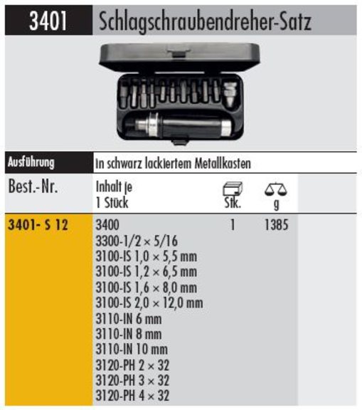 Schlag-Schraubendreher -Satz - 3401 S12 mit 12 Bits 1/2 " - Vierkantantrieb