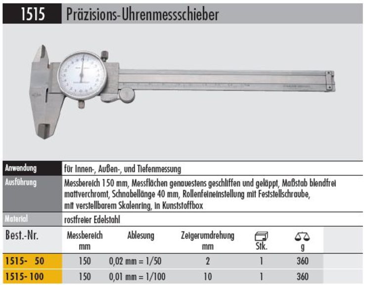 Uhr Messschieber 1515 - 50      Präzisions-Uhrenmessschieber