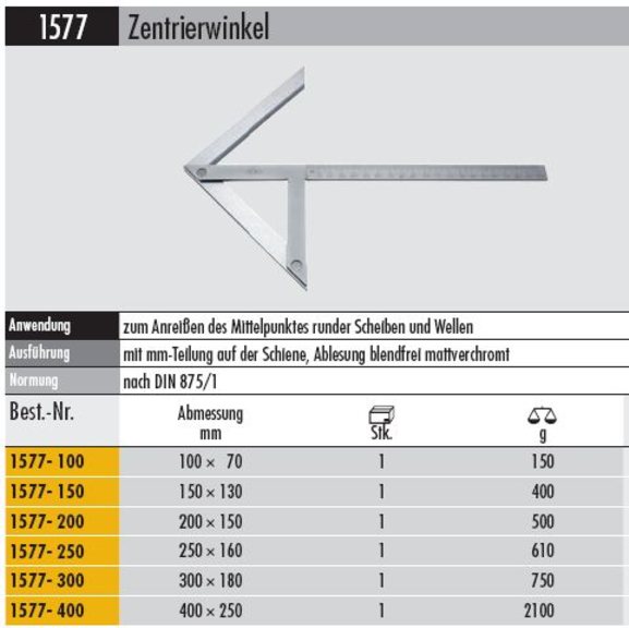 Zentrierwinkel 1577 - 200 nach DIN , mit mm-Teilung