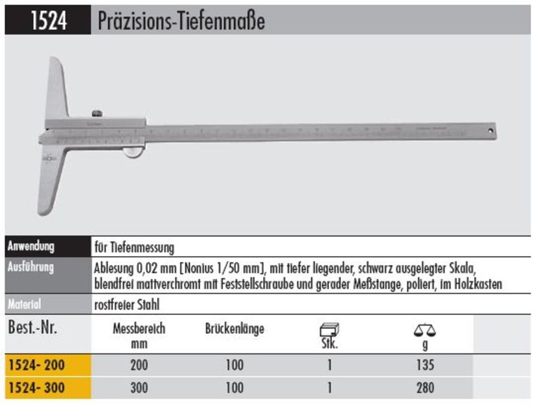 Tiefmess- Schieber 1524 - 200  Messbereich 200 mm